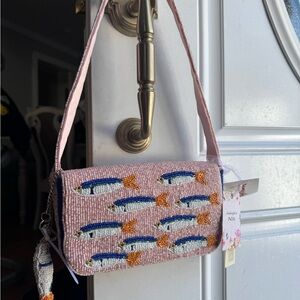 Pink Beaded Fish Design Crossbody Bag